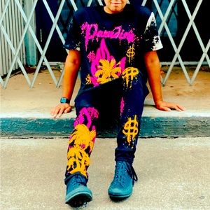 Fashion Nova Men Paradise Print Black Denim Pants In Size 34